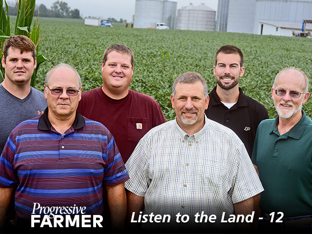 Two generations of the Rulon family actively manage and support the farm. Involved in the operation are (left to right) Nick Rulon, Roy Rulon, Neal Rulon, Rodney Rulon, Andrew Bernzott (a farm employee) and Ken Rulon. (DTN/Progressive Farmer photo by Charles Johnson)